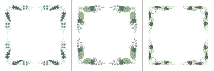 Set of three vegetal vector frames with tropical leaves . Vector frame for all sizes and formats. Isolated vector illustration.