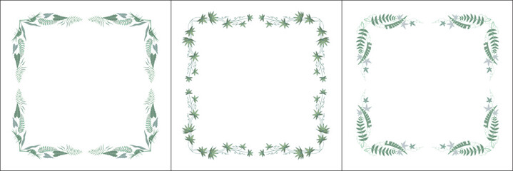 Set of three vegetal vector frames with tropical leaves. Vector frame for all sizes and formats. Isolated vector illustration.