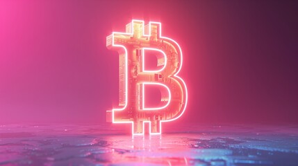 Pink neon Bitcoin icon. Cryptocurrency and technology concept