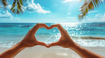 Person on beach making heart shape with hands under azure sky