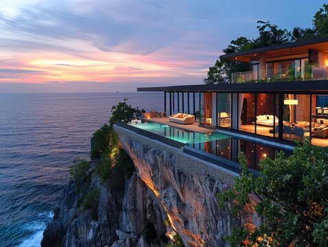 A luxury villa perched on a cliff overlooking the ocean, with floortoceiling windows and an infinity pool blending into the horizon