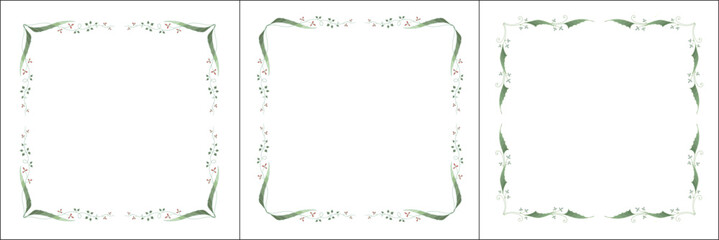 Set of three vegetal vector frames with tiny flowers. Square frames. Vector frame for all sizes and formats. Isolated vector illustration.