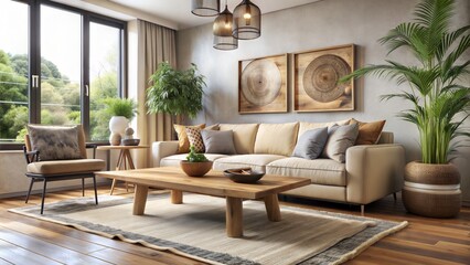 Boho interior design of modern living room, home. Live edge coffee table near beige sofa.