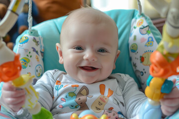 baby boy smiling in swing at home