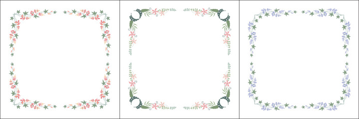 Set of three vegetal vector frames with pink and blue flowers. Square frames. Vector frame for all sizes and formats. Isolated vector illustration.