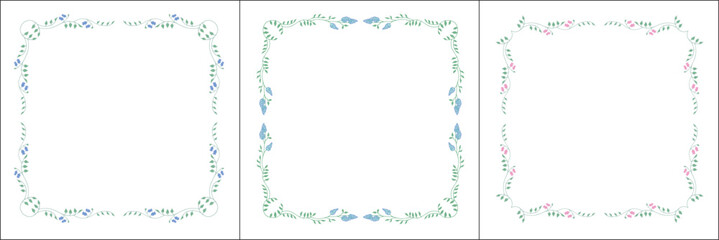 Set of three green vegetal vector frames with blue flowers and leaves. Square frames. Vector frame for all sizes and formats. Isolated vector illustration.	
