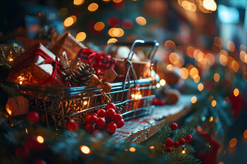 Christmas decoration in the form of a basket with gifts and red berries - Powered by Adobe