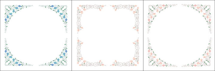 Set of three vegetal vector frames with magnolia leaves and flowers. Vector frame for all sizes and formats. Isolated vector illustration.	
