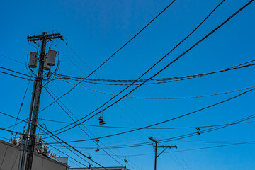 Many pairs of tennis shoes hanging from telephone lines