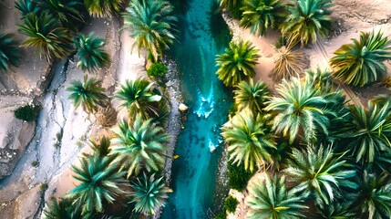 Aerial View of a Tropical River Cutting Through a Lush Jungle. Nature's Serenity in an Exotic Locale. A Peaceful Landscape for Relaxation and Backgrounds. AI
