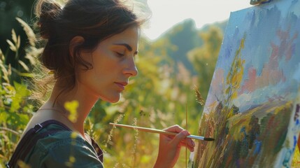 Fototapeta premium A woman with flowing hair and a happy facial expression is painting on an easel in a field, her mouth curved into a smile, eyelashes fluttering. The scene radiates fun and art at an outdoor event