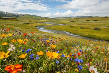 Obraz premium A field of vibrant wildflowers stretching to the horizon, a winding river cutting through, panoramic