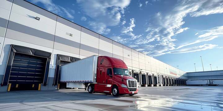 A red semi truck with white trailer parked at the warehouse loading dock, blue sky background. Generative AI.