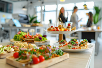 Catering in the office. Table with canapes and various snacks served on the background