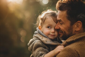 Obraz premium A man standing in the woods, holding a child in his arms