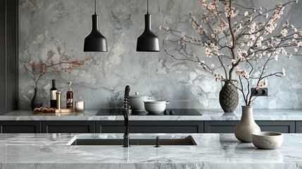 Interior of a modern marble kitchen with black hanging pendant and vase