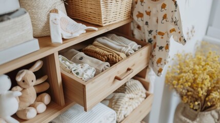 Baby newborn clothes and care accessories arranged in a drawer shelf