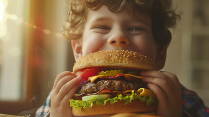 A small fat happy boy with a big smile on his face is holding a big delicious hamburger in his hands