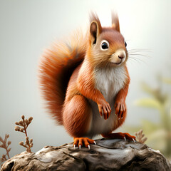 Obraz premium 3D rendering of a red squirrel sitting on a piece of wood