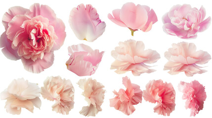 Set of peony petals in pastel shades of pink and cream, showcasing their soft, ruffled edges