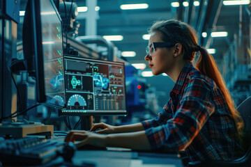 Confident female industrial engineer working on multi monitor displays, on design software