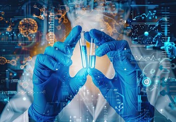 Scientist hands with blue latex gloves with test tube performs experiments, images and logos superimposed