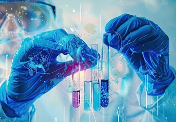 Scientist hands with blue latex gloves with test tube performs experiments, images and logos superimposed