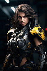 Naklejka premium Beautiful woman cybork or robot with fash yellow lights on armor.