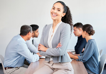 Portrait, office and woman with confidence, leadership and opportunity in workshop, meeting and...