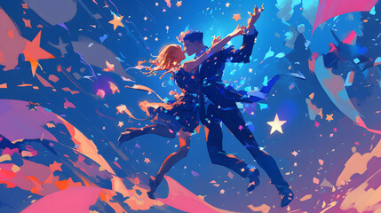2d colorful man and woman Dancing Underneath the stars.