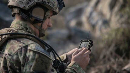 A soldier viewing real-time footage from a small tactical drone on a handheld control unit