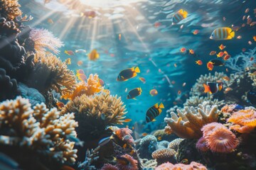 A vibrant coral reef teeming with colorful fish, sunlight dappling through the crystal-clear water