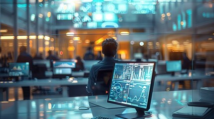 A modern office environment where people in the background are able to have conversations creatively while intelligent automation seamlessly integrated into work on computer screens. Generative AI.