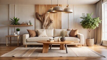 minimalist Boho interior design of modern living room, home. Live edge coffee table near beige sofa.