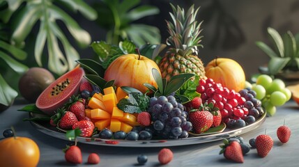 a fruit platter with exotic and seasonal fruits