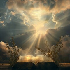 A book is open to a page with a sun shining through the clouds