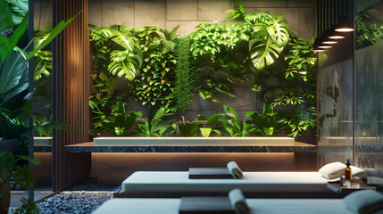 Bath in modern beauty salon luxury bathroom interior in spa with vertical garden Green plants wall massage beds and bathtub in hotel Concept of nature landscaping water wellness room : Generative AI