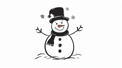 Snowman flat design, front view, Christmas theme, cartoon drawing, black and white