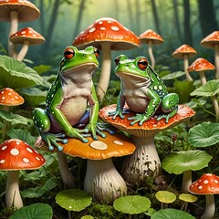 Two frogs sitting on Mushrooms in a forest With mushrooms and trees.