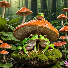 Three frogs are perched on mushrooms in a woodland surrounded by more mushrooms and trees.