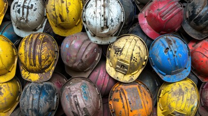 Old used construction helmets full background