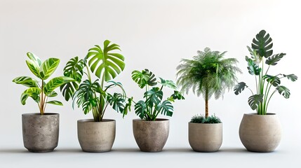 Serene Display of Variegated Indoor Plants in Concrete Pots. Perfect for Modern Home Decor and Plant Enthusiasts. A Touch of Greenery to Brighten Interiors. AI