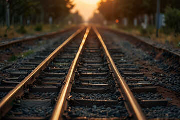 Railroad in motion at sunset, Industrial concept background. Railroad travel, railway tourism. Blurred railway. Transportation