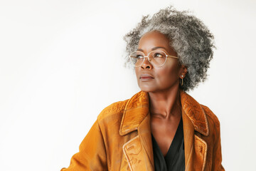 Portrait of an elegant mature African woman wearing stylish glasses and a leather jacket, her silver hair beautifully contrasting her thoughtful expression.