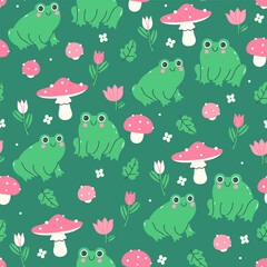 Seamless pattern with cute frogs, flowers, fly agarics. Vector graphics.