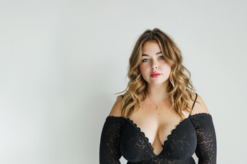 Naklejka premium Elegant portrait of a woman dressed in a black lace dress, displaying grace and sophistication with a serene expression.