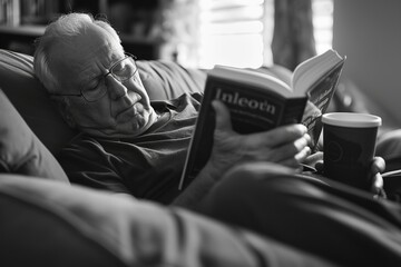 A man sitting on a couch, engrossed in reading a book