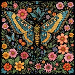 A painting of colorful butterfly with a long tail perched on a bed of flowers.