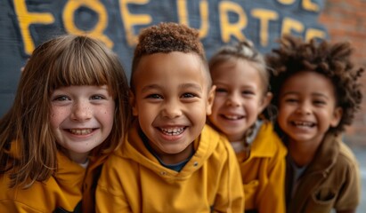 A group of children are smiling and wearing yellow jackets