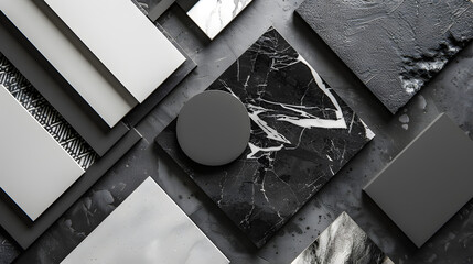 Elegant  flat lay composition in grey and black color palette with textile and paint samples lamella panels and tiles Architect and interior designer moodboard Top view Copy space : Generative AI